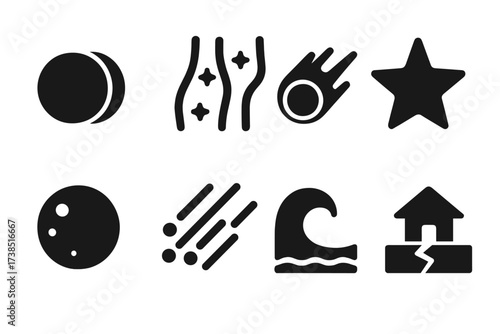 Nature Phenomena Icons. Solid, filled icon set of natural phenomena: eclipse, aurora, comet, star, moon, meteor shower, tidal wave, earthquake. Solid, filled