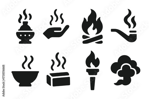 Ceremonial Smoke Icons. Solid, filled icon set of ritual and ceremonial smoke: incense burner, smoke offering, sacred fire, shaman?s pipe, ritual bowl, scented