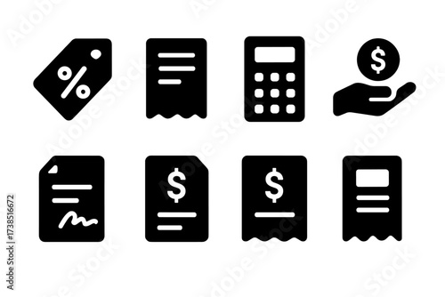 Mutual Fund Fees Icons. Solid, filled icon set of mutual fund fees: percentage tag, invoice, calculator, payment, contract, financial document, billing,