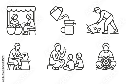 Tanzania Daily Life Icons. Outline icon set of Tanzanian daily life: Market scene, Coffee brewing, Fishing, Farming, Pottery making, Storytelling, Cooking