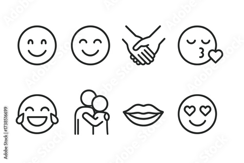 Proposal Emotion Icons. Outline icon set of proposal emotions: happy face, blushing cheeks, holding hands, kiss, tears of joy, hugging couple, smiling lips,