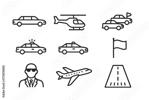 Presidential Transport Icons. Outline icon set of presidential transport: limousine, helicopter, motorcade, security car, jet, flag, security detail, runway.