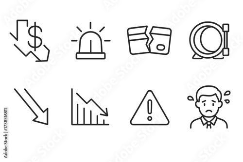 Financial Crisis Icons. Outline icon set of financial crisis: falling dollar sign, alarm siren, broken credit card, empty bank vault, red arrow down,