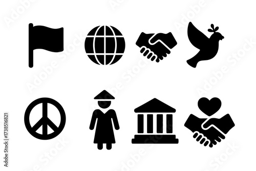 Cultural Respect Icons. Solid, filled icon set of cultural respect symbols: flag, globe, handshake, dove, peace sign, traditional costume, temple, handshake