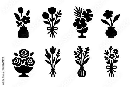 Indoor Floral Icon Set. Solid, filled icon set of indoor floral styles: modern arrangement, rustic bouquet, tropical display, zen floral, romantic centerpiece,
