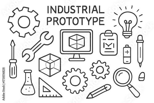 Industrial Blueprint Doodles. Hand-drawn doodle illustration industrial prototype blueprint, gear, cogwheel, screwdriver, wrench, computer screen, 3D model,