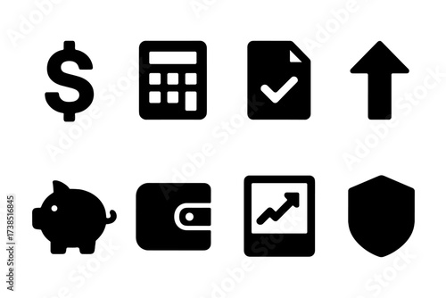 Cost Optimization Icons. Solid, filled icon set of cost optimization: dollar sign, calculator, document with check, upward arrow, piggy bank, wallet, graph