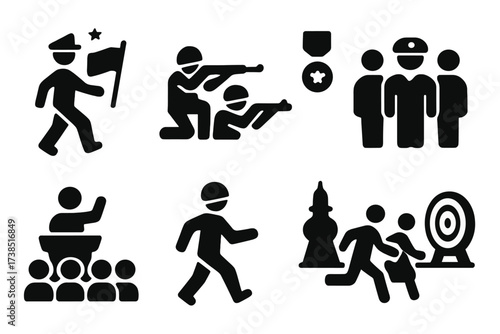 Battle Rhythm Icons. Solid, filled icon set of battle rhythm occasions: parade, battlefield, ceremony, rally, drill, festival, rehearsal, competition. Solid,