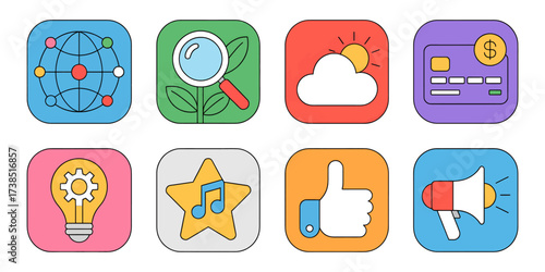 Colorful icon set featuring global network research weather finance idea music like and promotion symbols for use in app design and user interface development projects