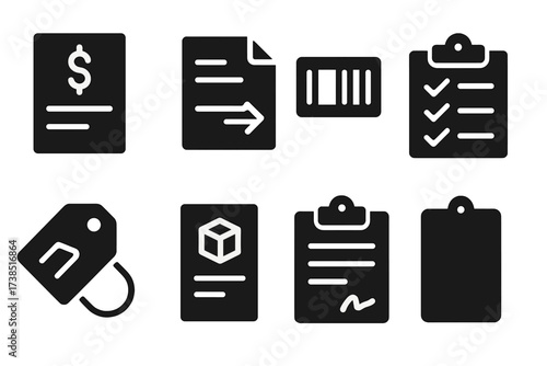 Shipment Icon Set. Solid, filled icon set of shipment documentation: invoice, shipping label, barcode, clipboard, checklist, package tag, cargo manifest,