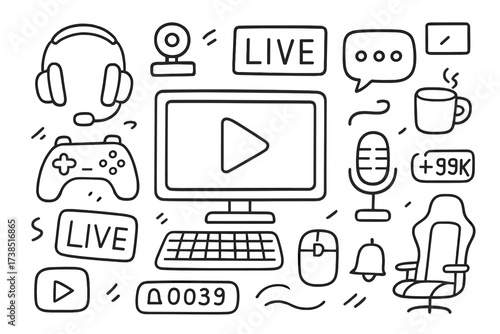 Gaming Stream Essentials. Hand-drawn doodle illustration Streaming a gaming session online gaming controller, headset, microphone, computer monitor, webcam,