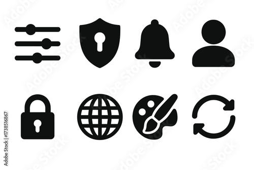 Finance App Icons. Solid, filled icon set of finance app settings: preferences, security, notifications, account, privacy, language, theme, sync. [Solid,