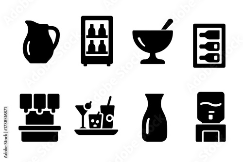 Beverage Icon Set. Solid, filled icon set of beverage displays: glass pitcher, drink cooler, punch bowl, wine rack, soda station, cocktail tray, juice carafe,
