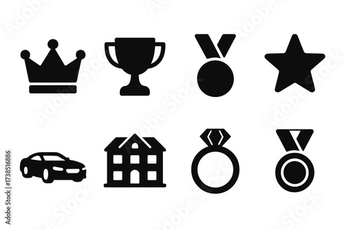 Wealth Icon Set. Solid, filled icon set of wealth status: crown, trophy, medal, star, luxury car, mansion, diamond ring, gold medal. [Solid, filled icons in