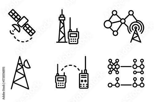 Military Radio Icons. Outline icon set of military radio network: satellite link, relay station, mesh network, communication hub, signal tower, data link,