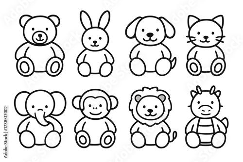 Plush Toy Icons. Outline icon set of plush toys: teddy bear, bunny, puppy, cat, elephant, monkey, lion, dragon. Line icons in only black color, consistent