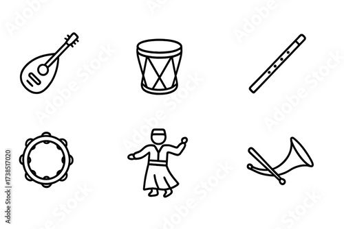 Omani Musical Icons. Outline icon set of Omani music and instruments: Oud, Drum, Rababa, Nay flute, Tambourine, Traditional dance, Drumsticks, Horn. Line icons