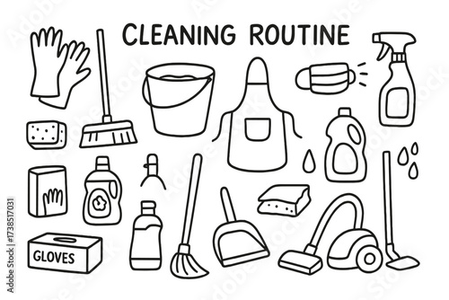 Cleaning Tools Doodle. Hand-drawn doodle illustration Cleaning routine rubber gloves, mop, bucket, cleaning spray, sponge, detergent bottle, scrub brush,