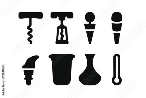 Wine Tools Icons. Solid, filled icon set of wine tasting tools: corkscrew, wine opener, wine stopper, aerator, wine pourer, tasting spittoon, decanter, wine