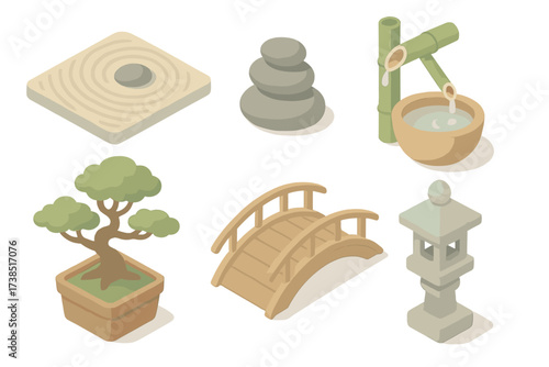 Zen Garden Icons. Isometric vector illustration set Zen Garden Elements: raked sand pattern, smooth stones stacked, bamboo water