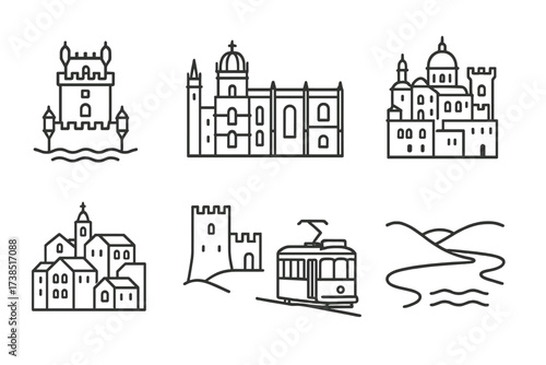 Portuguese Landmark Icons. Outline icon set of Portuguese landmarks: Belem Tower, Jeronimos Monastery, Dom Luis Bridge, Pena Palace, Alfama district, Sintra
