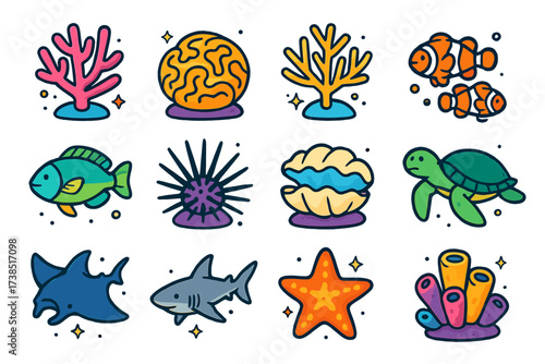 Coral Reef Icons. Coral reef ecosystem. Colorful isometric vector icons set of coral reef ecosystem: branching coral, brain coral, staghorn coral, clownfish