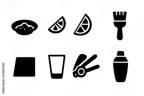 Salt Rim Icon Set. Solid, filled icon set of salt rim preparation tools: plate with salt, lemon wedge, lime wedge, brush for rimming, glass, napkin, citrus