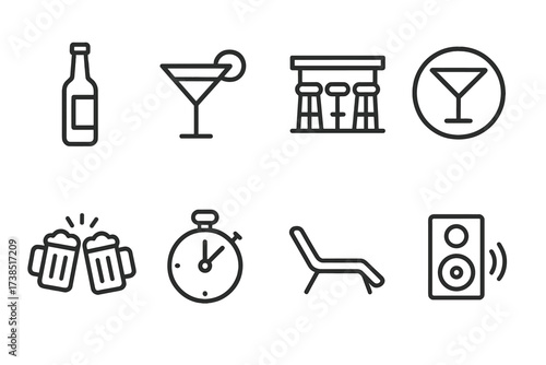 Happy Hour Icons. Outline icon set of happy hour: beer bottle, cocktail glass, bar counter, neon sign, clinking glasses, timer, lounge chair, music speaker.