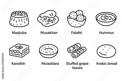 Palestinian Culture Icons. Outline icon set of Palestinian cuisine: Maqluba, Musakhan, Falafel, Hummus, Kanafeh, Mujaddara, Stuffed grape leaves, Arabic bread.