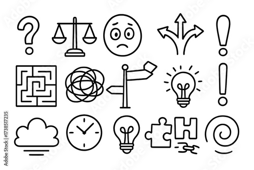 Doodle Indecision Icons. Hand-drawn doodle illustration indecision question mark, scales, crossroads sign, confused face, arrows, maze, tangled lines, speech