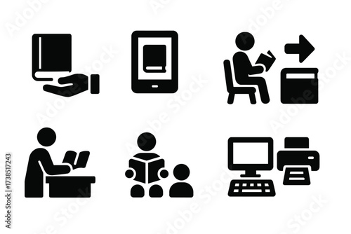 Library Service Icons. Solid, filled icon set of library services: book loan, digital catalog, reading area, book return, research help, story time, computer
