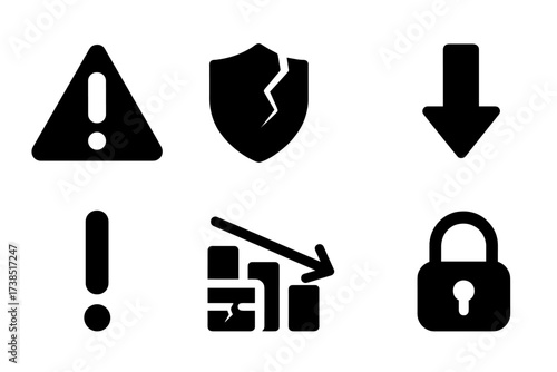 Credit Risk Icons. Solid, filled icon set of credit risk: warning triangle, broken shield, alert bell, downward arrow, exclamation mark, cracked credit card,