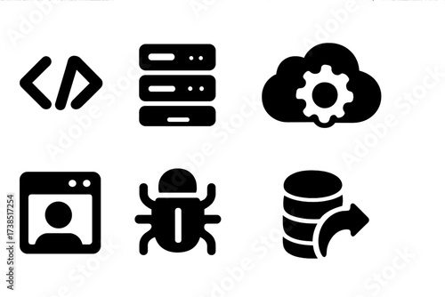Software Platform Icons. Solid, filled icon set of software platforms: code brackets, server rack, API, cloud computing, database, user interface, bug report,