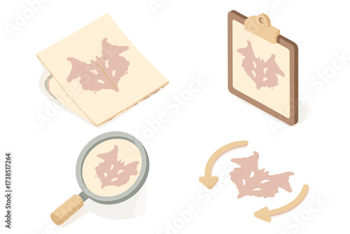 Isometric Inkblot Icons. Isometric vector illustration set Rorschach Test Classic Inkblot: symmetrical inkblot shape, folded paper