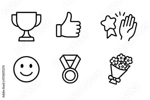 Praise Icon Set. Outline icon set of compliments and praise: trophy, thumbs up, star badge, applause hands, smiling emoji, medal ribbon, crown, bouquet of