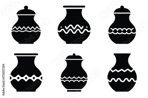 Kalash pot icon set, black isolated silhouette fill vector icons
