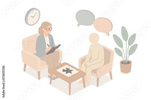 Therapy Inkblot Scene. Isometric vector illustration set Therapy Session with Inkblots: therapist seated with clipboard, patient