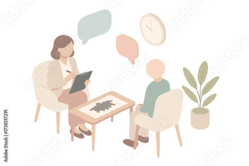Therapy Inkblot Scene. Isometric vector illustration set Therapy Session with Inkblots: therapist seated with clipboard, patient