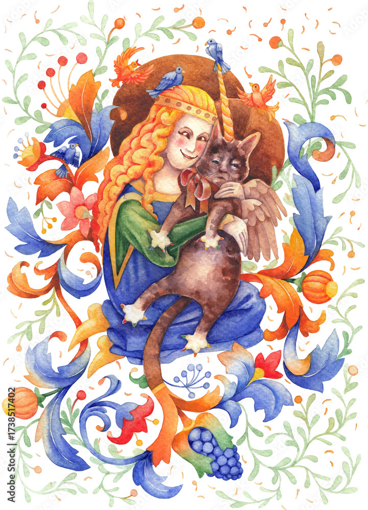 Naklejka premium Watercolor curly-haired girl hugs her fantasy-style winged cat.