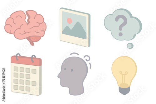 Amnesia Icon Set. Isometric vector illustration set Amnesia and Memory Loss: brain icon with broken section, fading photograph,