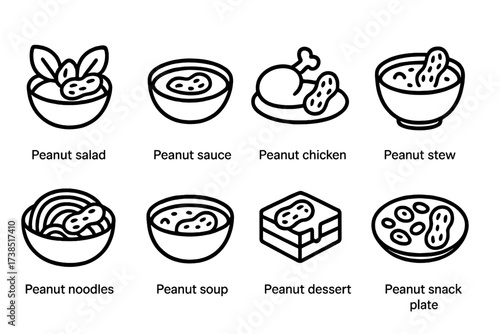 Peanut Dish Icons. Outline icon set of peanut dishes: peanut salad, peanut sauce bowl, peanut chicken, peanut stew, peanut noodles, peanut soup, peanut