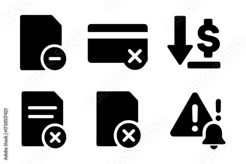 Financial Distress Icons. Solid, filled icon set of financial distress: overdue notice, credit card declined, empty bank account, red downward arrow, failed