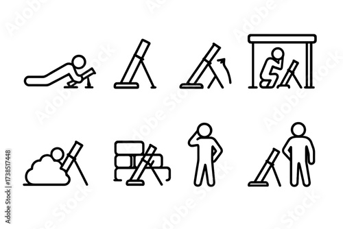 Mortar Icon Set. Outline icon set of mortar firing positions: prone position, tripod setup, baseplate placement, firing angle, cover position, concealment,