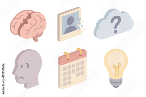 Amnesia Icon Set. Isometric vector illustration set Amnesia and Memory Loss: brain icon with broken section, fading photograph,