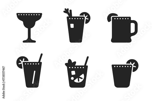 Salt Rim Cocktail Icons. Solid, filled icon set of cocktails with salt rim: margarita, bloody mary, tequila sunrise, michelada, paloma, salted rim mojito,