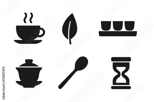 Tea Tasting Icons. Solid, filled icon set of tea tasting: teacup, tea leaf, aroma steam, tasting tray, gaiwan, tasting spoon, sample jar, tea timer. Solid,