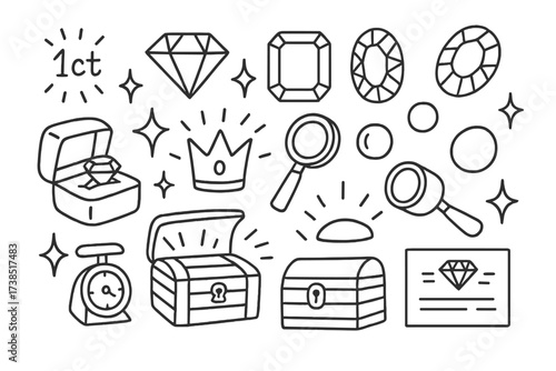 Jewelry Icons Collection. Hand-drawn doodle illustration gemstone carat weight diamond, ruby, emerald, sapphire, amethyst, pearl, jewelry box, scale, loupe,