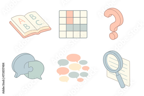 Verbal Reasoning Icons. Isometric vector illustration set Verbal Reasoning IQ: open book with letters, crossword grid, synonyms