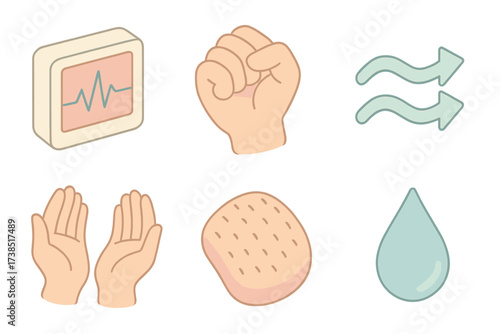 Emotional Reactions Icons. Isometric vector illustration set Emotional Reaction in Body: heartbeat monitor, clenched fist,