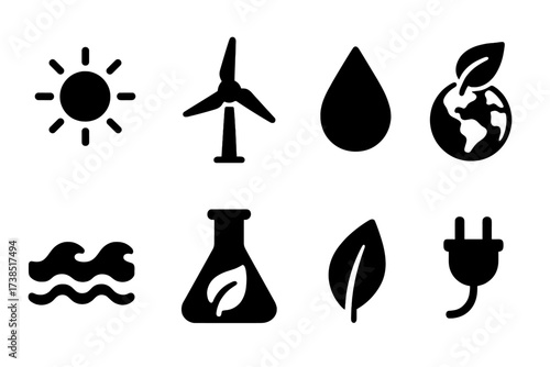 Renewable Energy Icons. Solid, filled icon set of renewable energy: sun with rays, windmill, water drop, earth with leaves, wave energy, biofuel flask, green